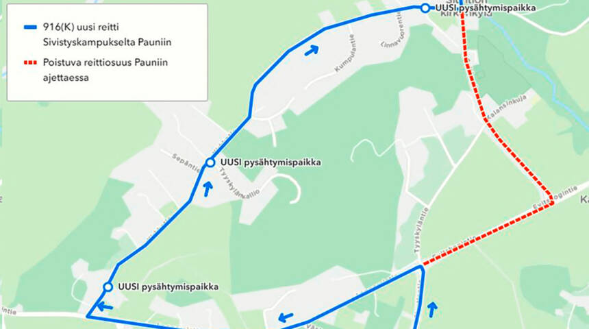 Kartta osoittaa, että linja 916 kulkee Siuntiontieltä Lappersintietä ja Kirkkotietä Suitiantielle sen sijaan, että se kääntyisi Suitiantielle Lappersintien ja Evitskogintien risteyksestä.
